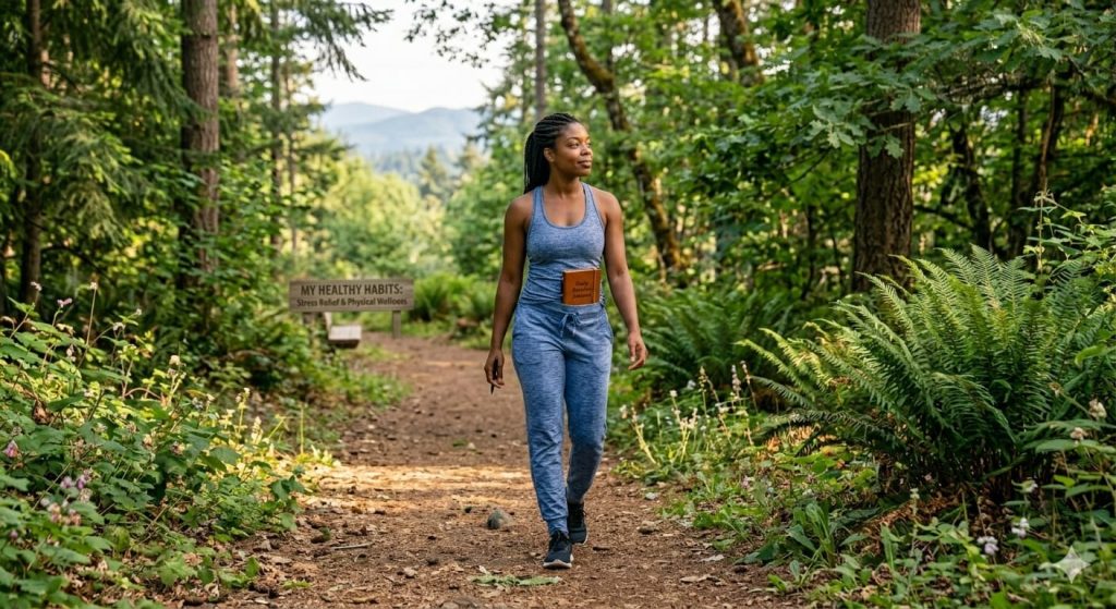 
 Woman walking in nature demonstrating healthy lifestyle habits for stress relief and physical wellness
