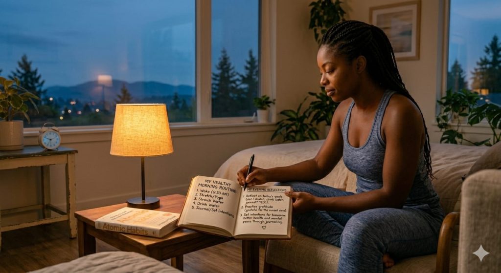 Writing in evening journal as a daily routine for better health and mental peace