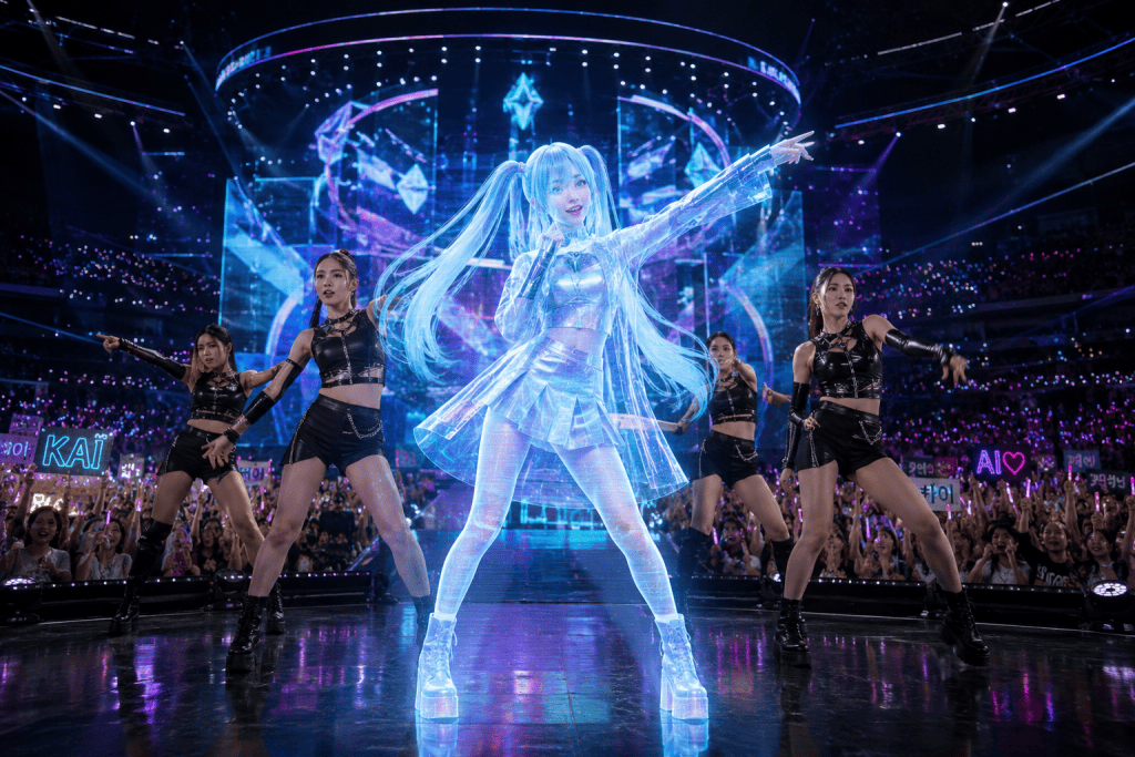Holographic pop star performing live music showing AI in entertainment