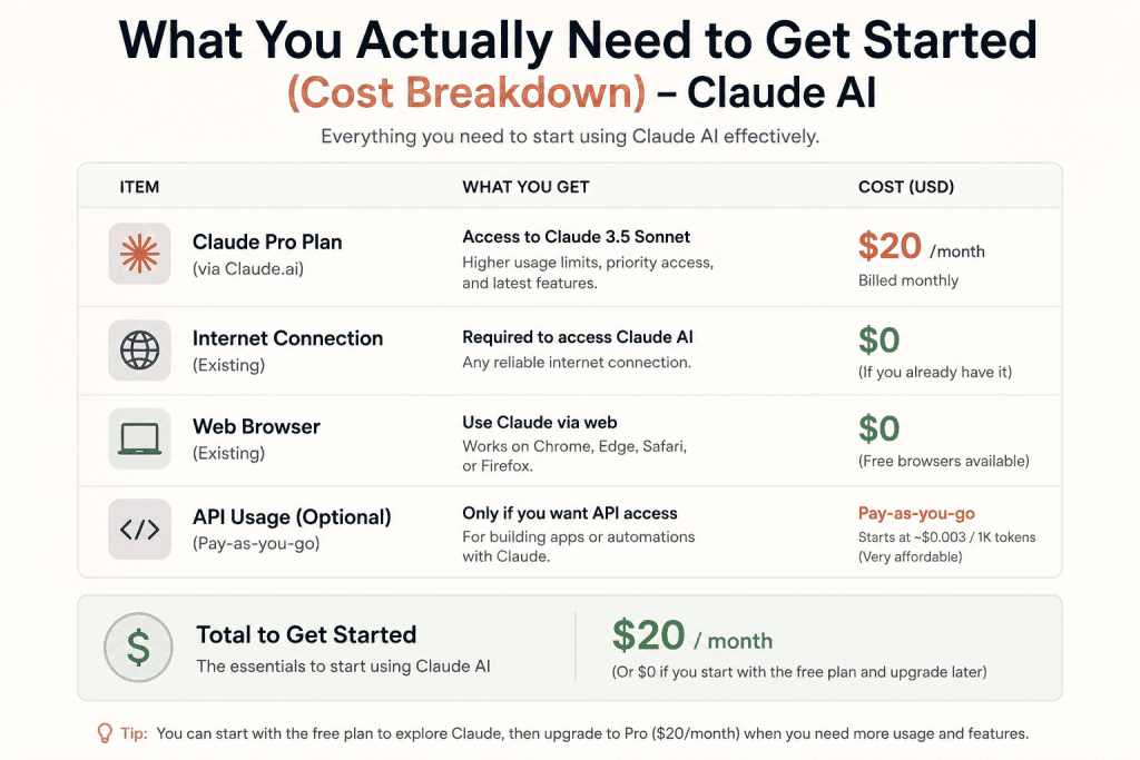 Claude AI getting started cost breakdown infographic showing the free plan, Pro subscription cost, optional API pricing, and essential requirements to begin using Claude AI.