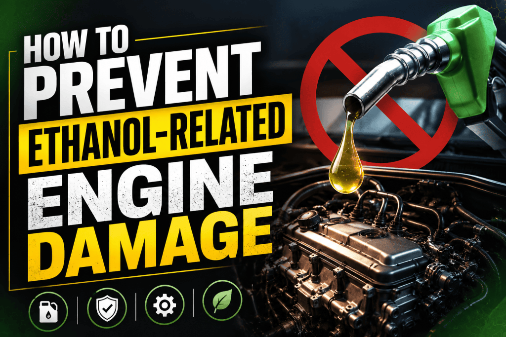 howing a modern car engine beneath a green fuel nozzle dripping fuel, alongside a red prohibition symbol, illustrating tips to protect engines from ethanol fuel damage.